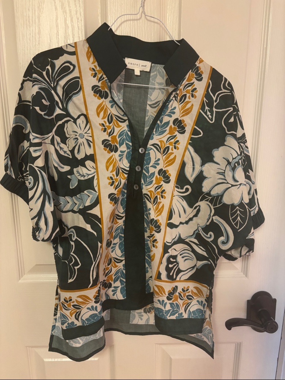 entro Floral Print Short Sleeve Blouse in Green, White, Mustard & Teal